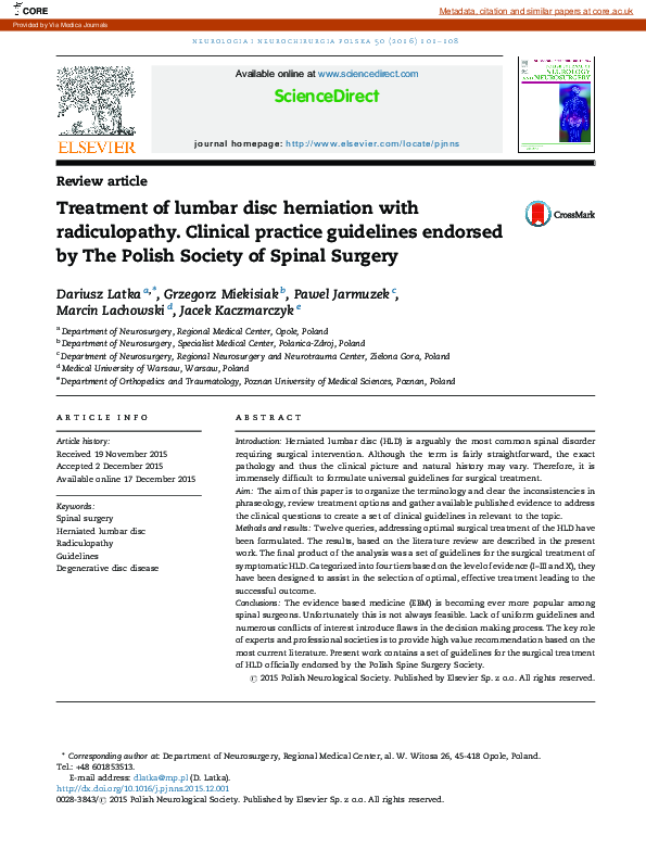 (PDF) Treatment of lumbar disc herniation with radiculopathy. Clinical