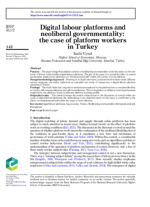 (PDF) Digital labour platforms and neoliberal governmentality: the case ...