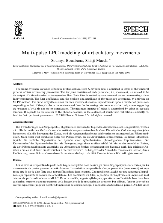 (PDF) Multi-pulse LPC modeling of articulatory movements