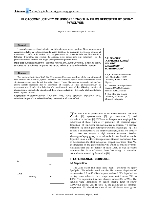 (PDF) Photoconductivity of Undoped Zno Thin Films Deposited by Spray ...