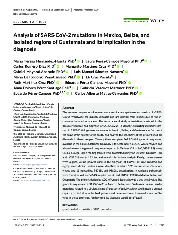 (PDF) Analysis of SARS‐CoV‐2 mutations in Mexico, Belize, and isolated ...