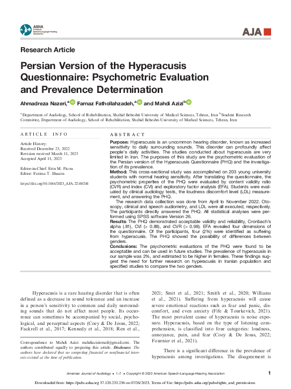 (PDF) Persian Version of the Hyperacusis Questionnaire Psychometric