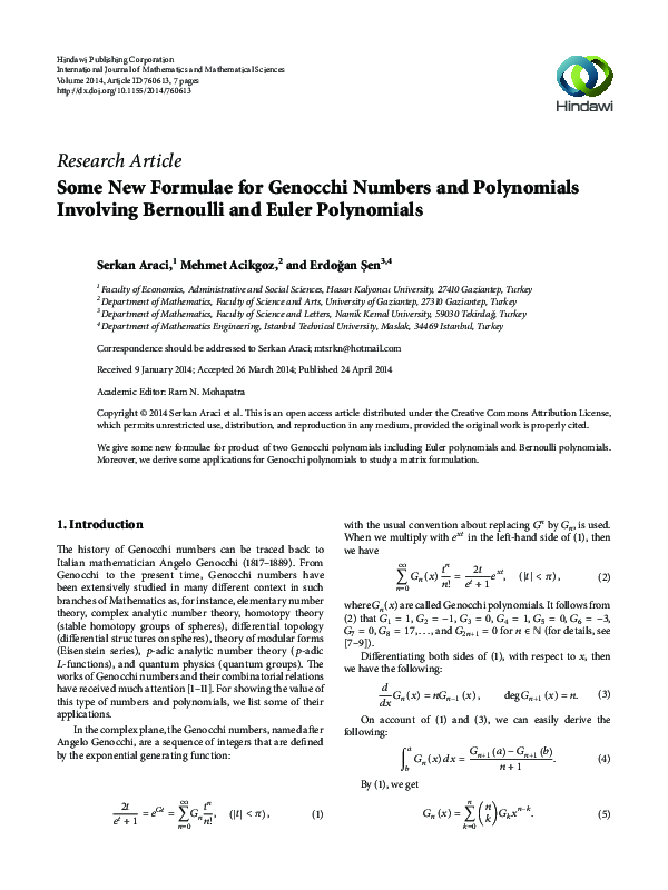(PDF) Some New Formulae for Genocchi Numbers and Polynomials Involving ...