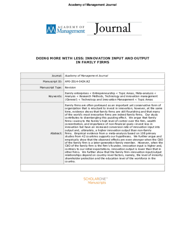 (PDF) Doing More with Less: Innovation Input and Output in Family Firms