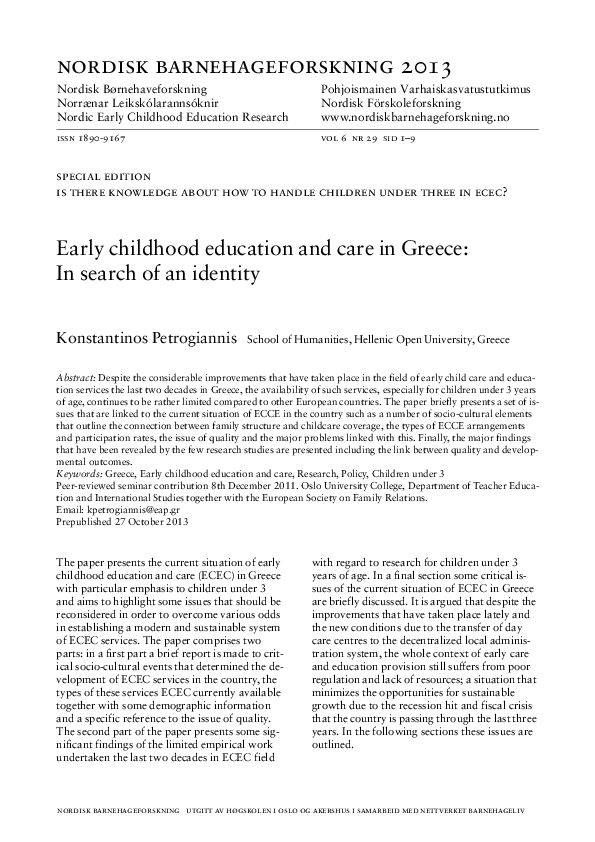 (PDF) Early childhood education and care in Greece: In search of an ...