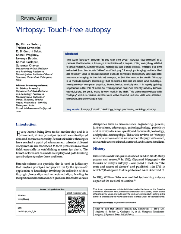 (PDF) Virtopsy: Touch-free autopsy