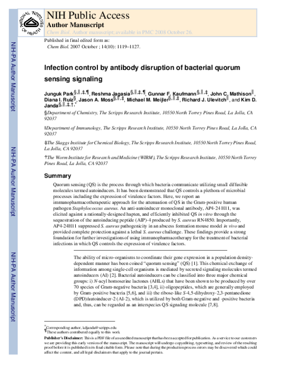 (PDF) Infection Control by Antibody Disruption of Bacterial Quorum ...