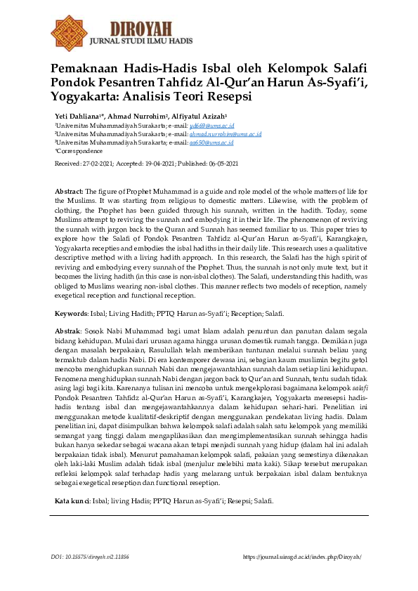 (PDF) Pemaknaan Hadis-Hadis Isbal oleh Kelompok Salafi Pondok Pesantren ...