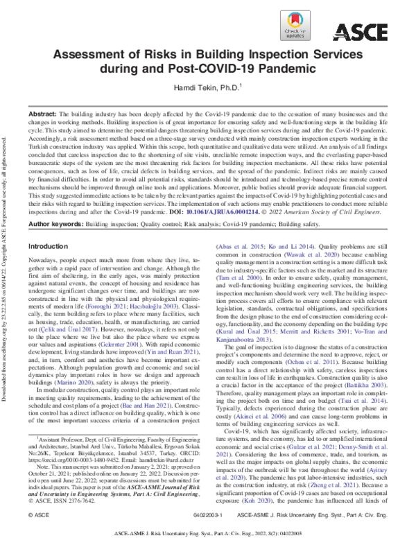 (PDF) Assessment of Risks in Building Inspection Services during and ...