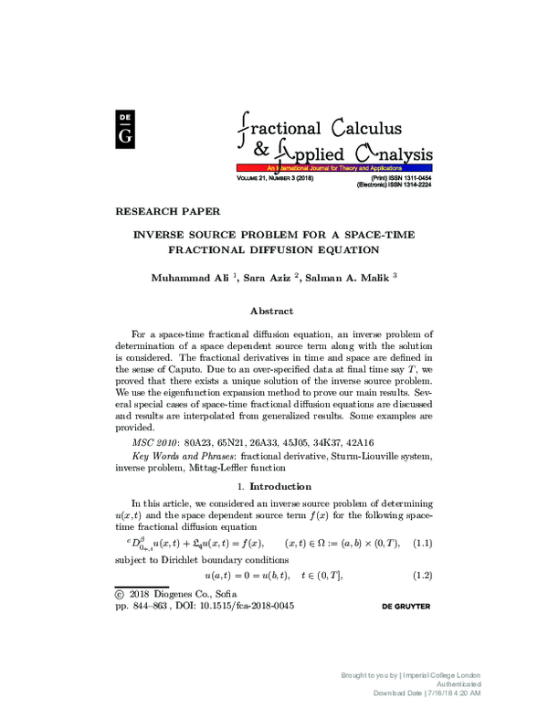 (PDF) INverse Source Problem for a Space-Time Fractional Diffusion Equation