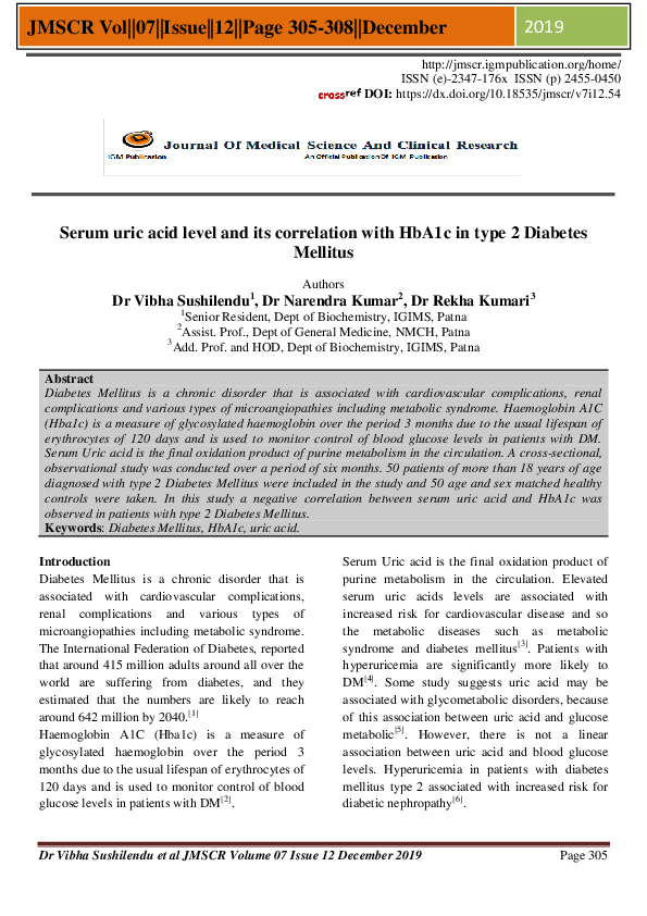 (PDF) Serum uric acid level and its correlation with HbA1c in type 2 ...