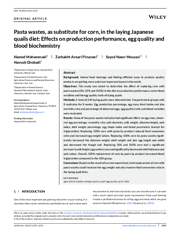 (PDF) Pasta wastes, as substitute for corn, in the laying Japanese