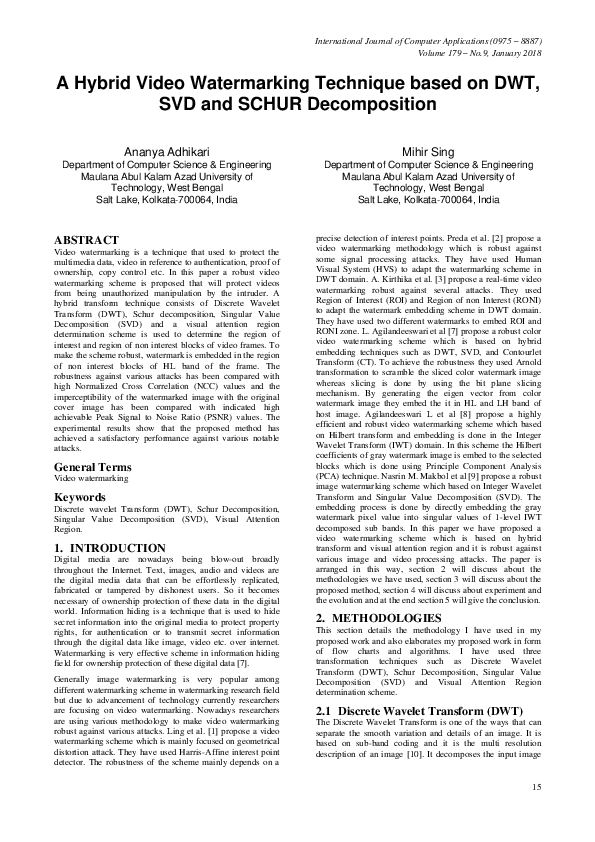 (PDF) A Hybrid Video Watermarking Technique based on DWT, SVD and SCHUR ...