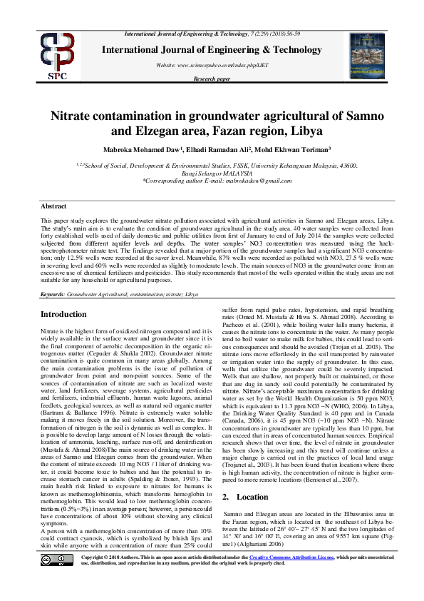 (PDF) Nitrate contamination in groundwater agricultural of Samno and ...