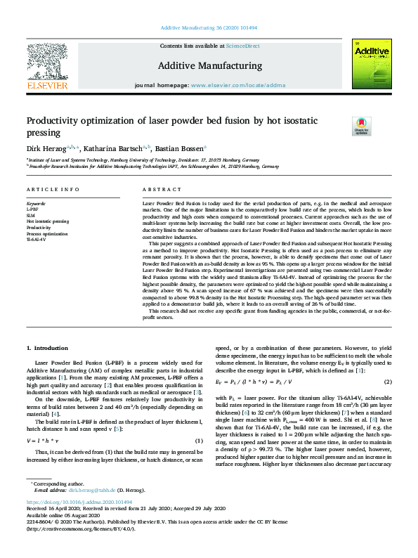 (PDF) Productivity optimization of laser powder bed fusion by hot ...