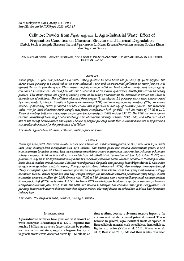 (PDF) Cellulose Powder from Piper nigrum L. Agro-Industrial Waste ...