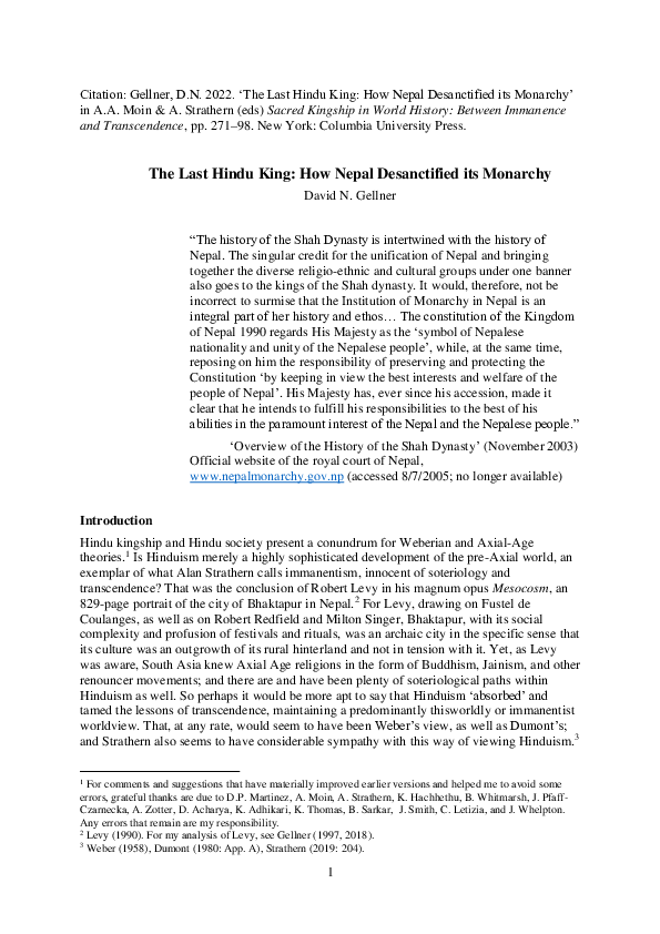 (PDF) The Last Hindu King: How Nepal Desanctified its Monarchy