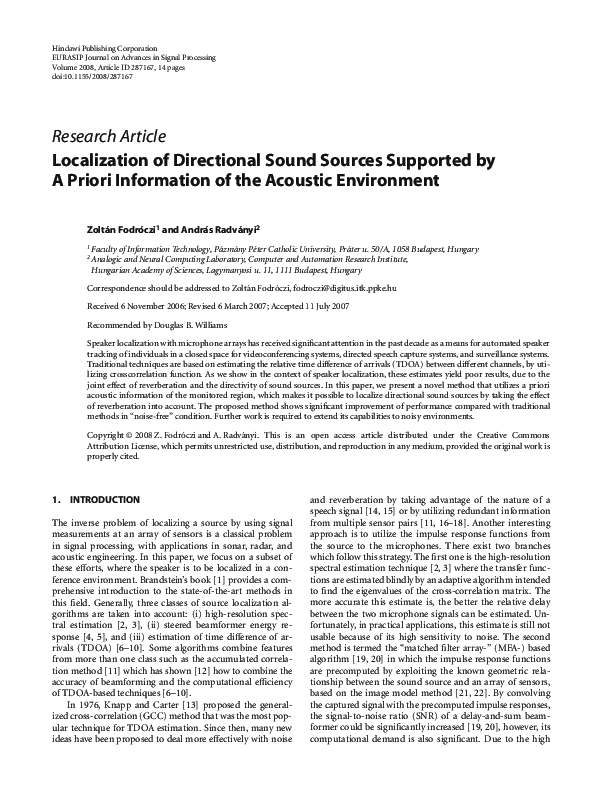 (PDF) Localization of Directional Sound Sources Supported by A Priori ...