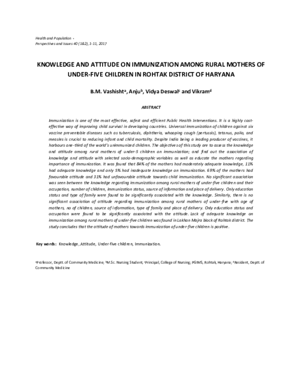 (PDF) Knowledge and Attitude on Immunization Among Rural Mothers of ...