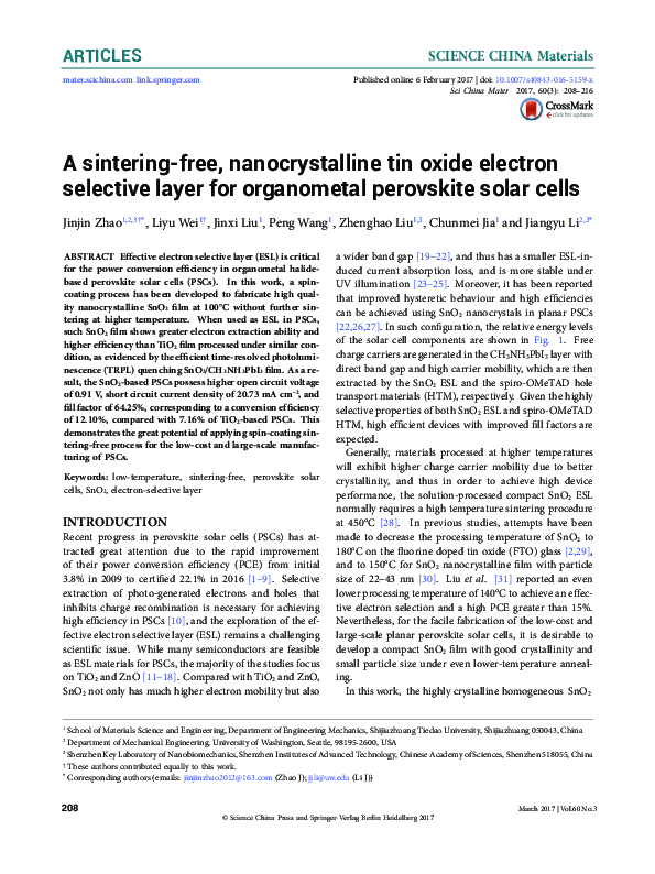 (PDF) A sinteringfree, nanocrystalline tin oxide electron selective