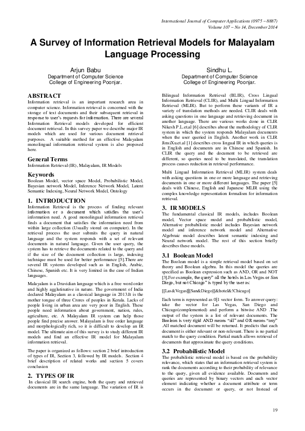 (PDF) A Survey of Information Retrieval Models for Malayalam Language ...