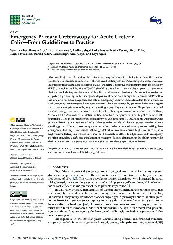 (PDF) Emergency Primary Ureteroscopy for Acute Ureteric Colic—From ...