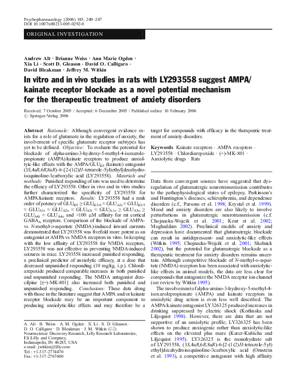 In vitro and in vivo studies in rats with LY293558 suggest AMPA/kainate receptor blockade as a novel potential mechanism for the therapeutic treatment of anxiety disorders