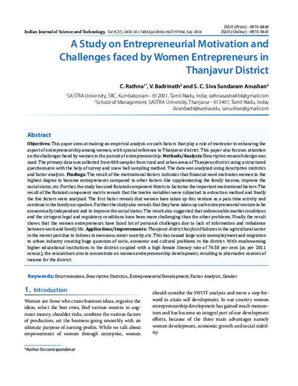 (PDF) A Study on Entrepreneurial Motivation and Challenges faced by ...