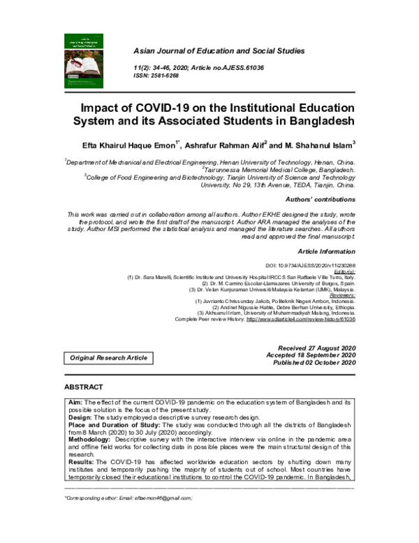 (PDF) Impact of COVID-19 on the Institutional Education System and its ...