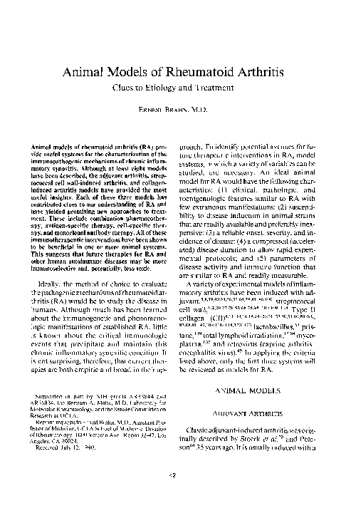 (PDF) Animal Models of Rheumatoid Arthritis