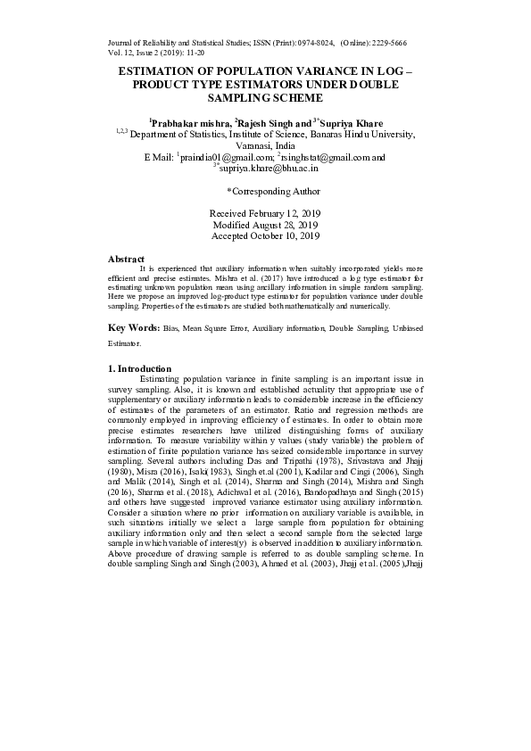 (PDF) Estimation of Population Variance in Log – Product Type ...