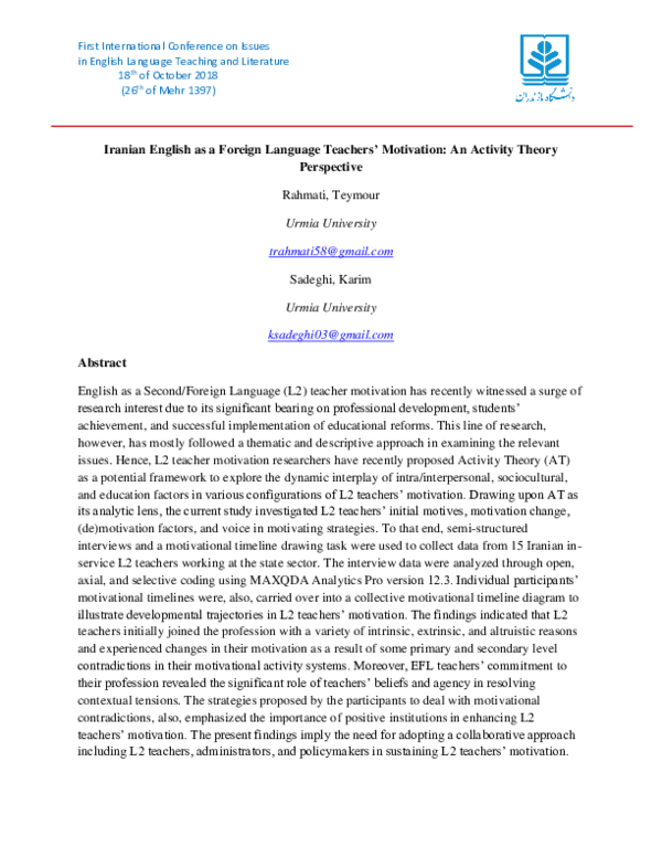 (PDF) Iranian English as a Foreign Language Teachers’ Motivation: An ...