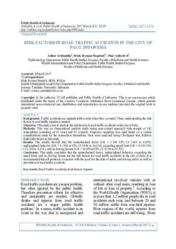 (PDF) Risk Factors in Road Traffic Accident in the City of Palu, Indonesia