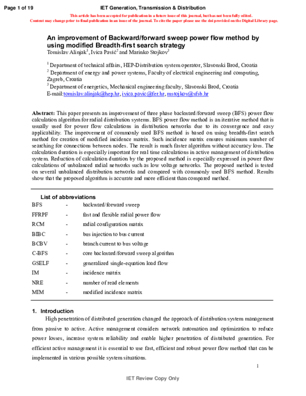 (PDF) Improvement of backward/forward sweep power flow method by using ...