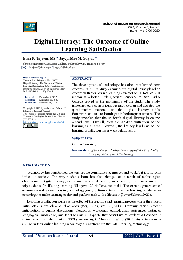 (PDF) Digital Literacy: The Outcome of Online Learning Satisfaction