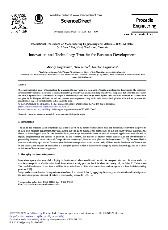 (PDF) Innovation and Technology Transfer for Business Development