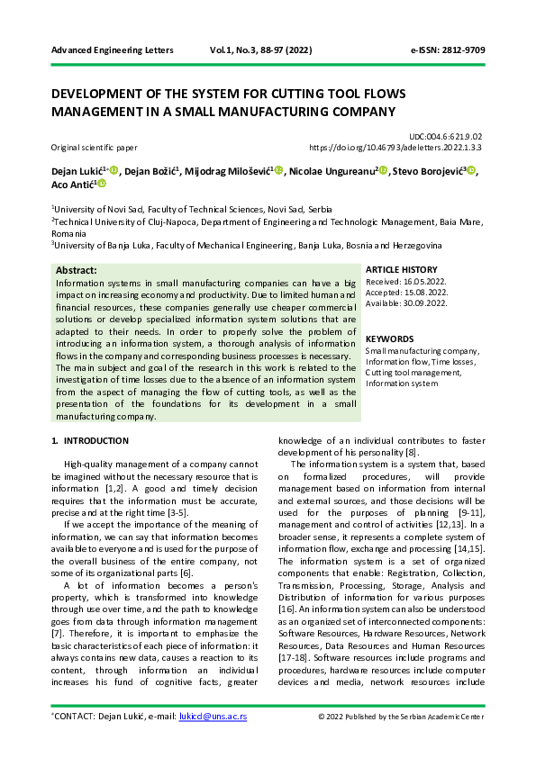 (PDF) Development of the System for Cutting Tool Flows Management in a ...