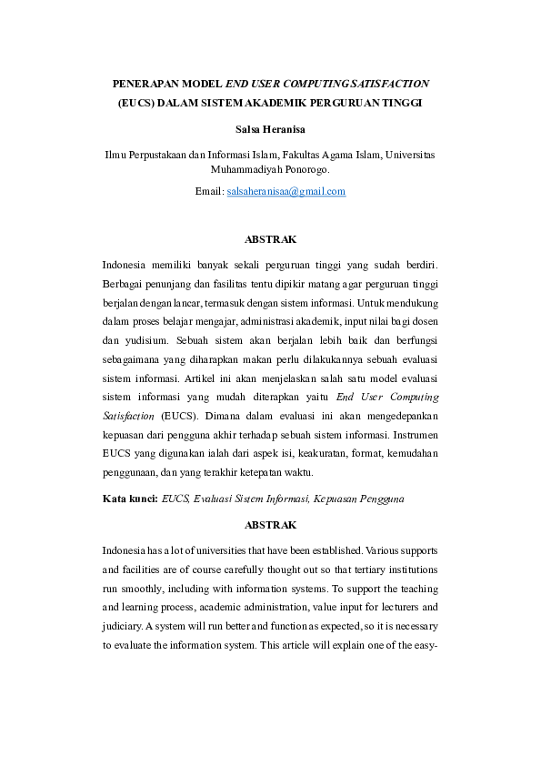(PDF) PENERAPAN MODEL END USER COMPUTING SATISFACTION (EUCS) DALAM ...