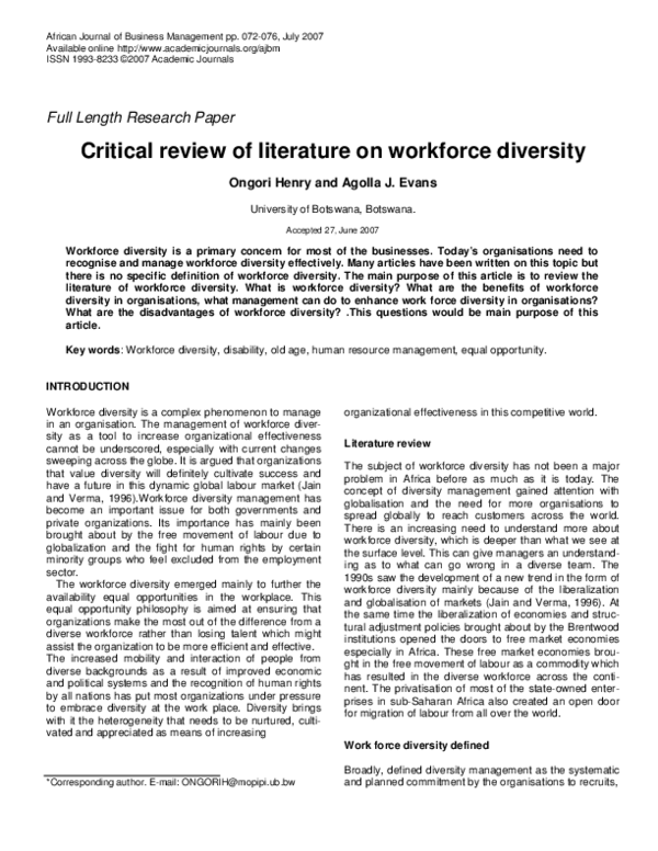 (PDF) Critical review of literature on workforce diversity