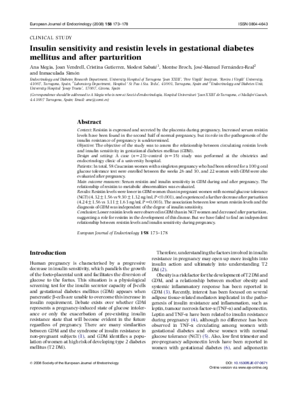 (PDF) Insulin sensitivity and resistin levels in gestational diabetes ...