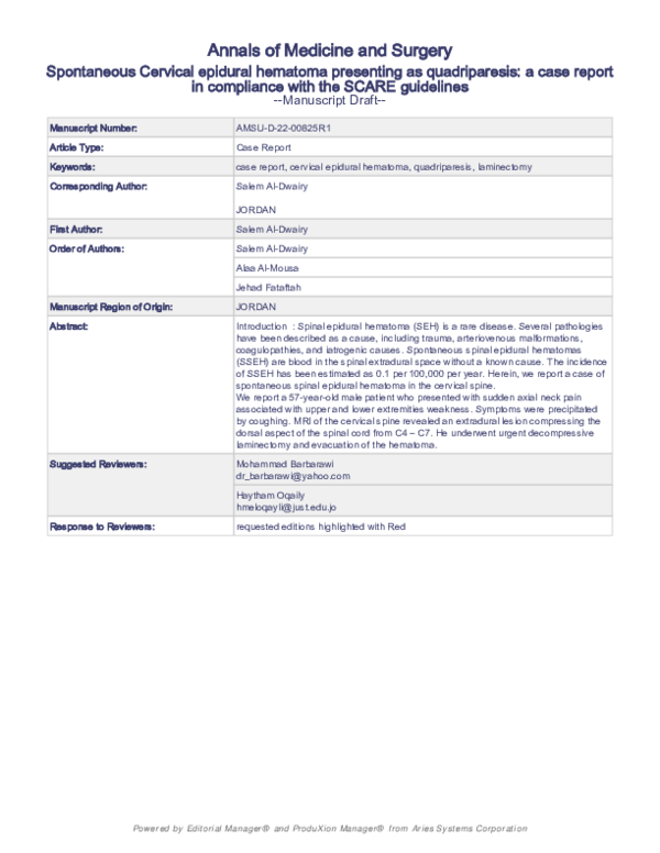 (PDF) Spontaneous cervical epidural hematoma presenting as ...