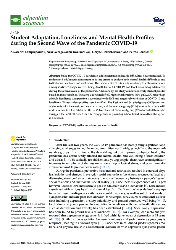 (PDF) Student Adaptation, Loneliness and Mental Health Profiles during ...