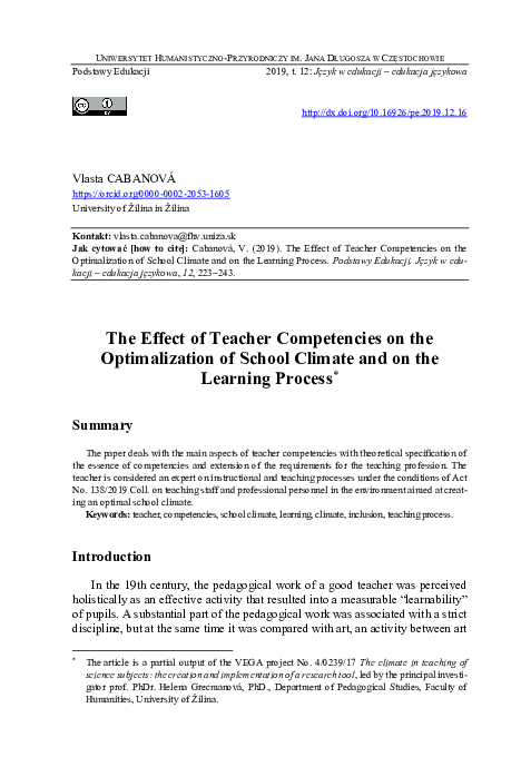 (PDF) The Effect of Teacher Competencies on the Optimalization of ...