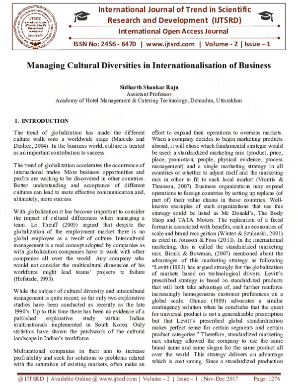 (PDF) Managing Cultural Diversities in Internationalisation of Business