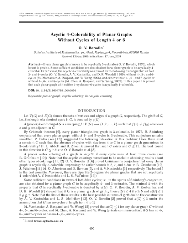 (PDF) Acyclic 4-colorability of planar graphs without cycles of length ...