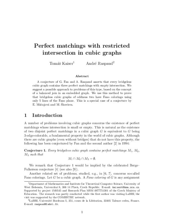 (PDF) Perfect matchings with restricted intersection in cubic graphs