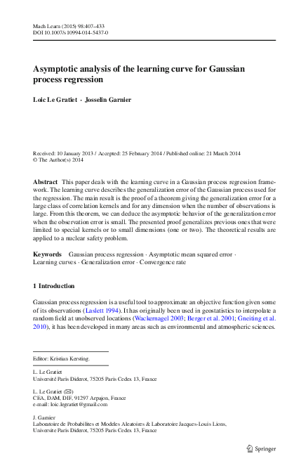 (PDF) Asymptotic analysis of the learning curve for Gaussian process ...