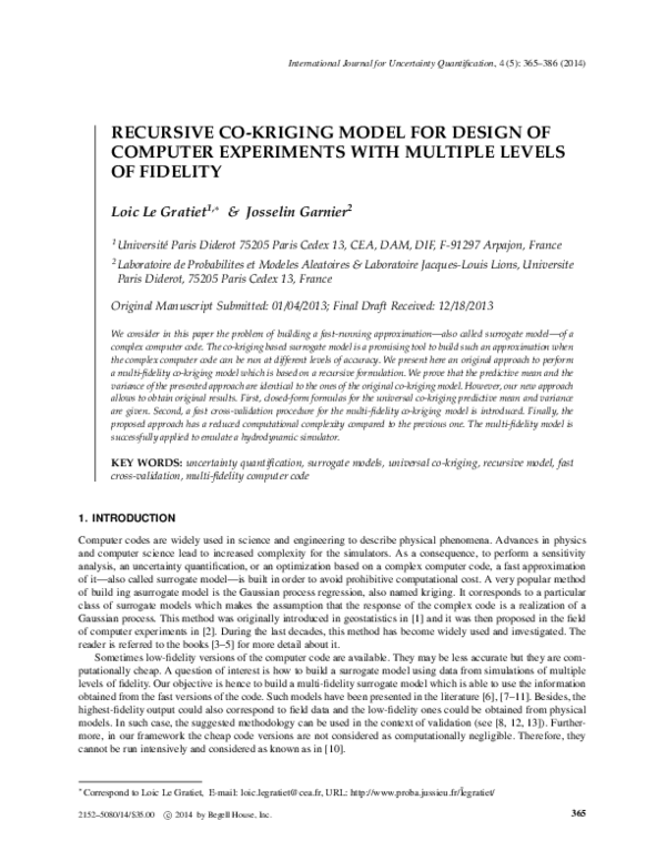 (PDF) Recursive Co-Kriging Model for Design of Computer Experiments ...