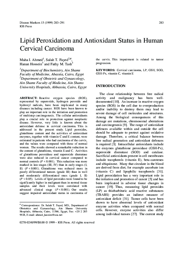 (PDF) Lipid Peroxidation and Antioxidant Status in Human Cervical Carcinoma