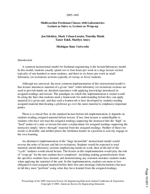 (PDF) Multi Section Freshman Classes With Labs: Lecture As Intro Vs ...
